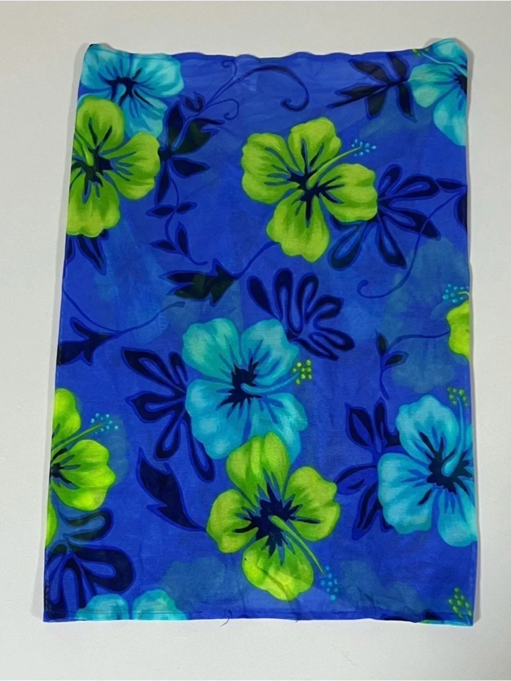 Blue Neon Tropical Hibiscus Floral Beach Swim Coverup Sarong Mini Skirt O/S 💚💙✨